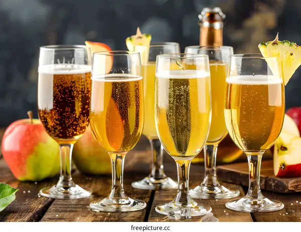Sparkling Apple Cider In Glasses With Apple Slices