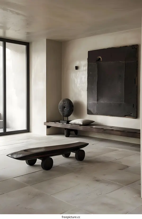 Minimalist Interior Design With Wooden Bench and Sculpture