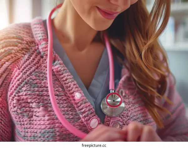 A young female doctor wearing a pink stethoscope around her neck
