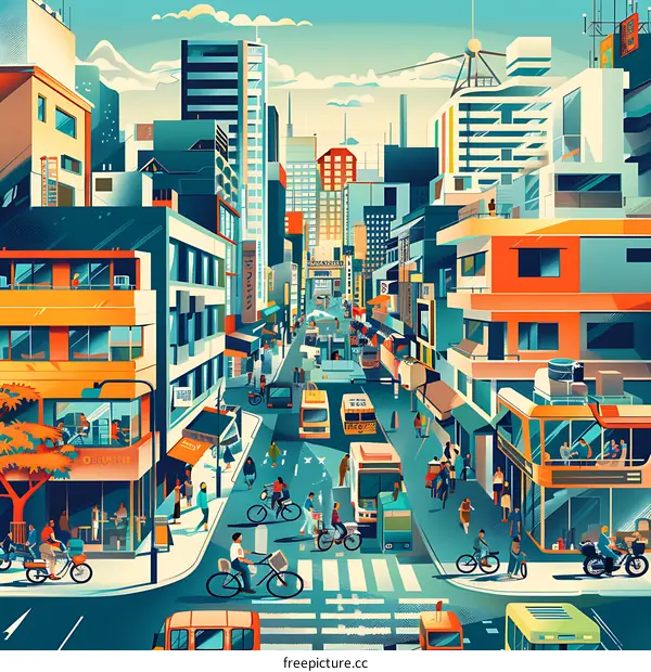 Busy City Street with People Walking and Riding Bicycles