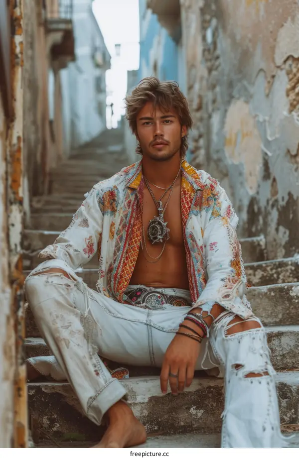 Young male model with long blond hair and blue eyes wearing a colorful shirt and white jeans sits on the steps of a building