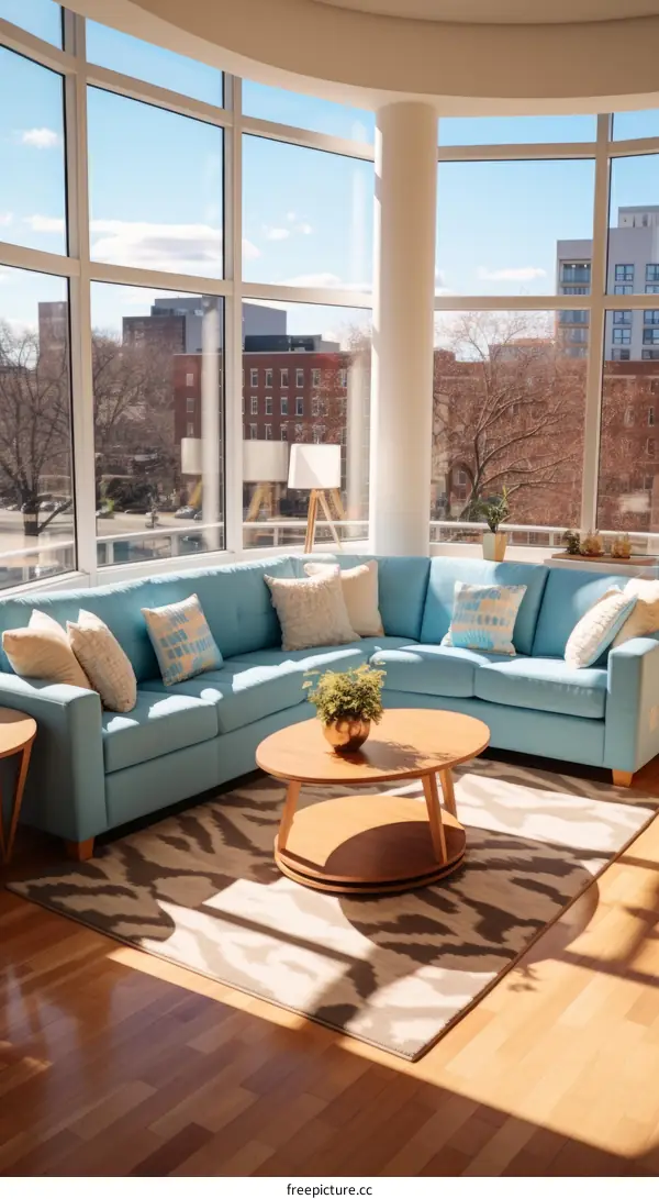 Modern Blue Sectional Sofa in a Living Room with Big Windows