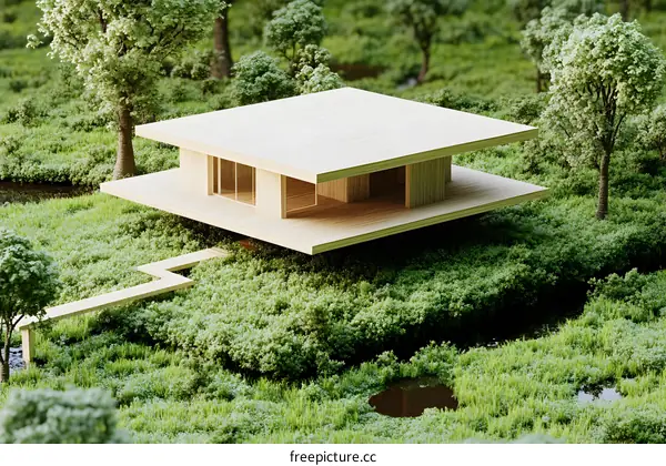 Modern Minimalist Wooden House with Grass and Water