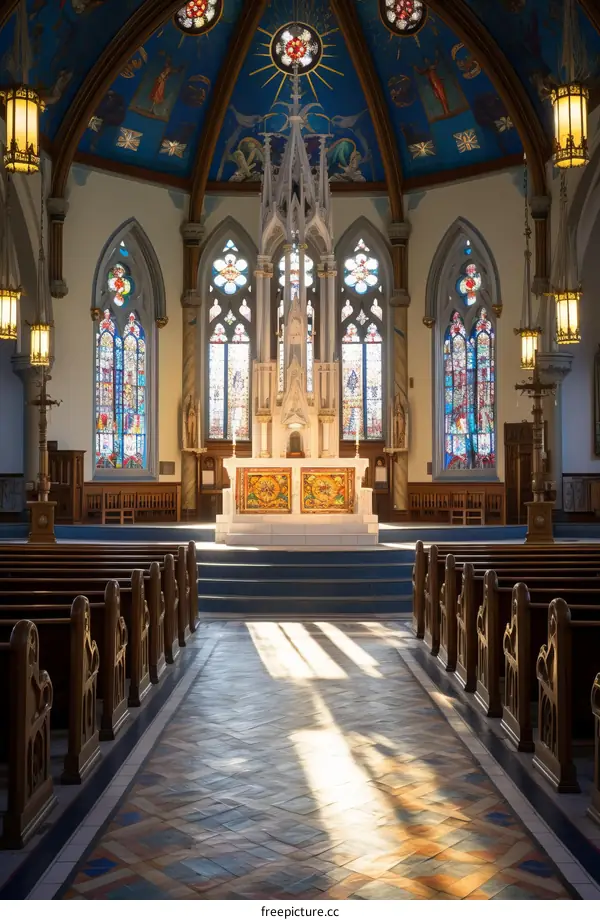 Sunlight shines through stained glass windows in an empty church