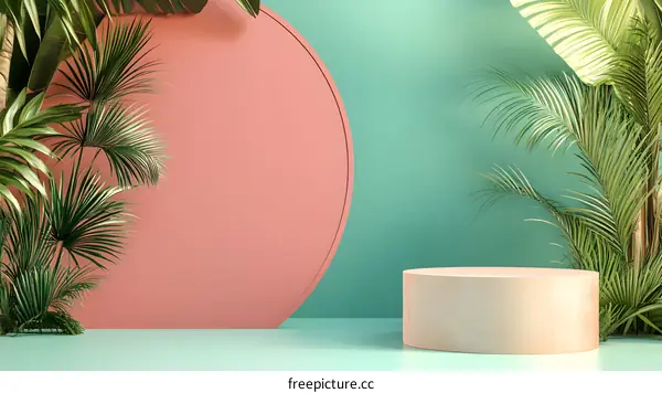 Minimalist 3D Render Of A Pink And Green Background With Palm Leaves