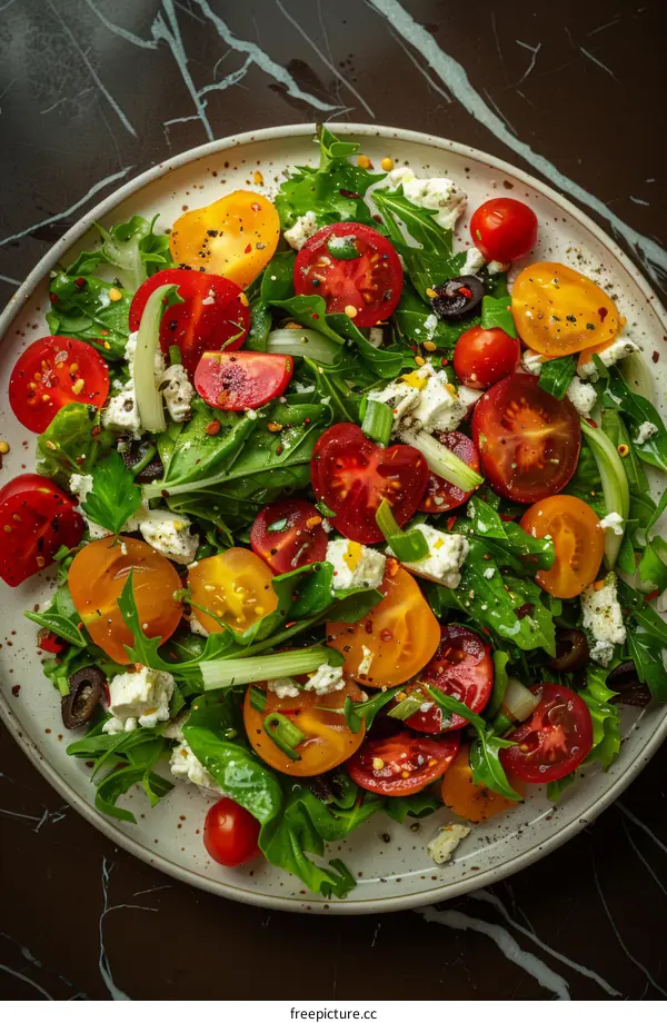 Fresh Arugula Salad with Cherry Tomatoes, Feta, Olives & Spices