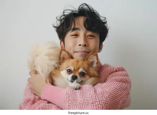 Asian man hugging a small dog