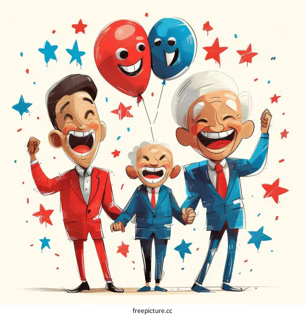 Three Suits Celebrate Election Victory with Balloons