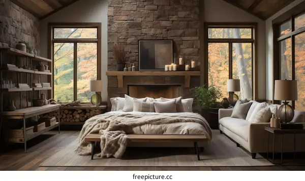 cozy bedroom with fireplace and woodsy views