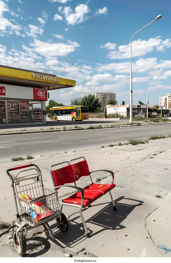 Red Chairs and Shopping Cart in Front of a Building