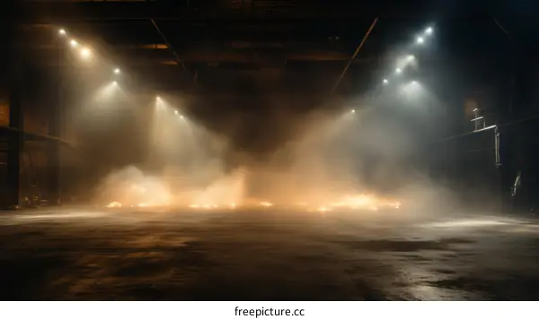 Industrial building interior with smoke and lights