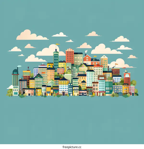 Colorful Cityscape Illustration With Buildings And Clouds