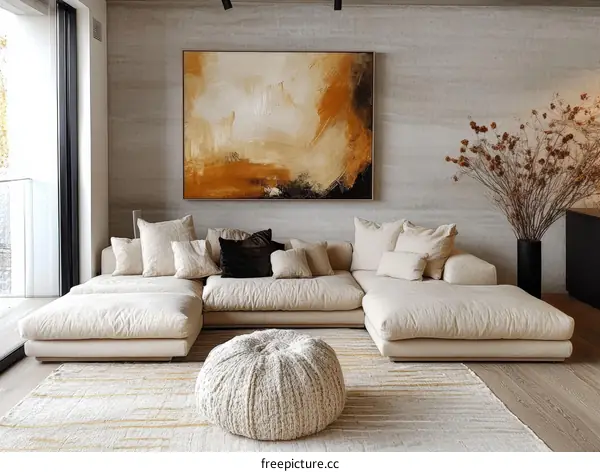 Modern Beige Sectional Sofa with Abstract Art