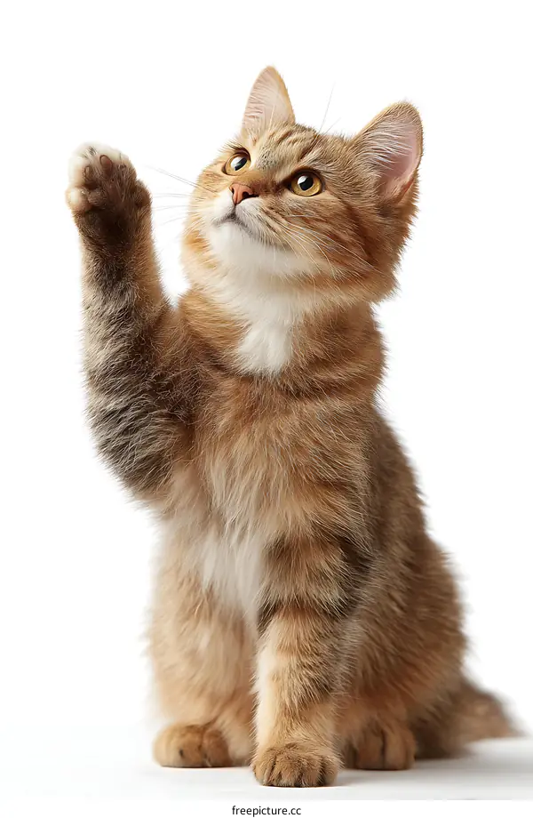 Adorable Kitten Raising Paw on White Background