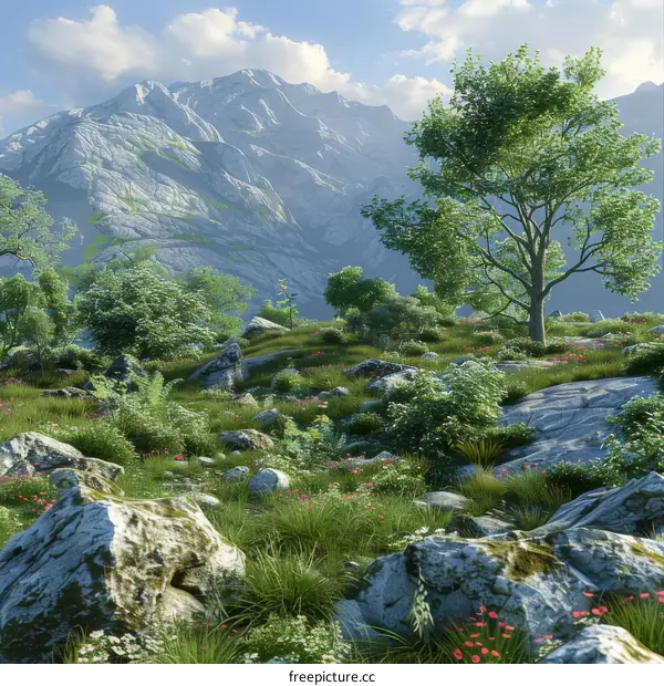 Lush Green Hills and Majestic Rocky Mountains Under Clear Blue Sky