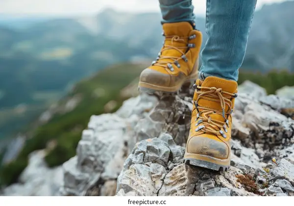 Close up of a hiker's boots on a rocky mountain peak