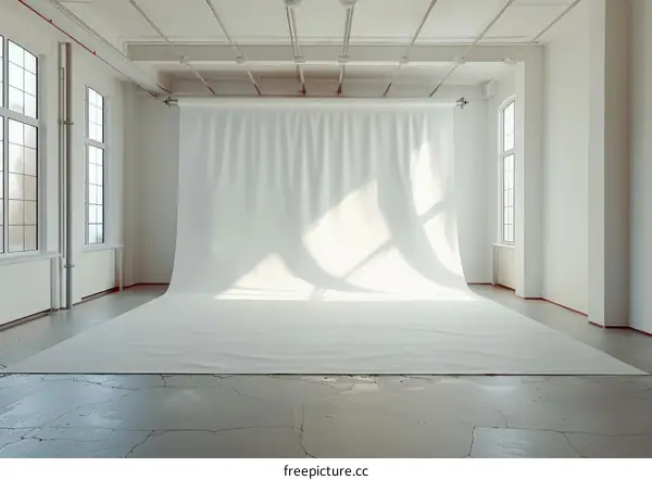 Large empty white studio with large windows and a large white backdrop