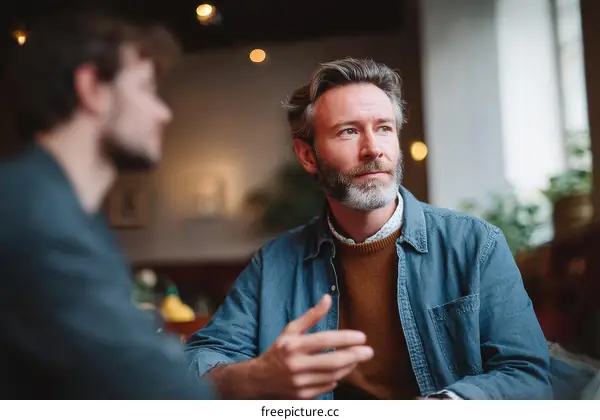 Two Caucasian Men Discussing in Cafe