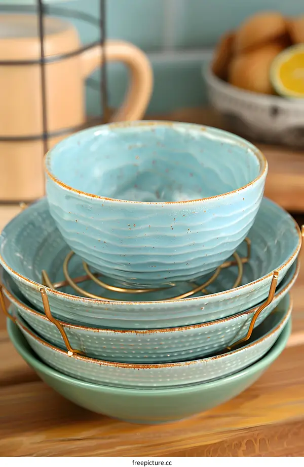 Stack of Turquoise Ceramic Bowls on Wooden Table
