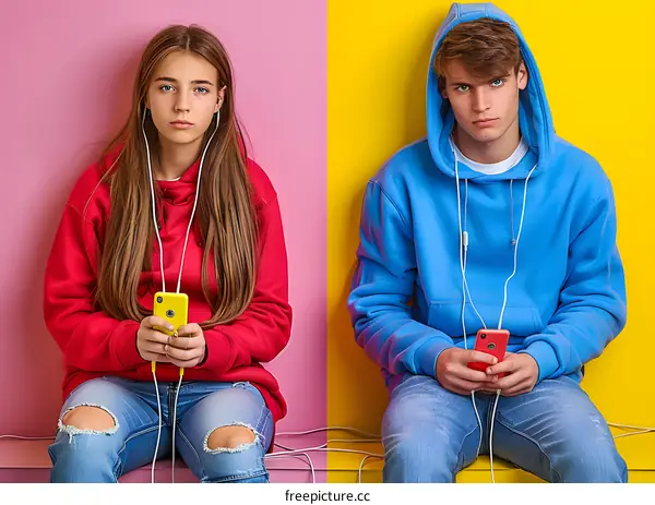 Young Man and Woman Listening to Music with Smartphones