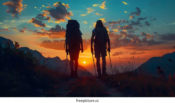 Two hikers on a mountain ridge at sunset with beautiful sky
