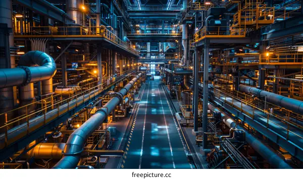 Inside a modern oil refinery with distillation towers and pipes