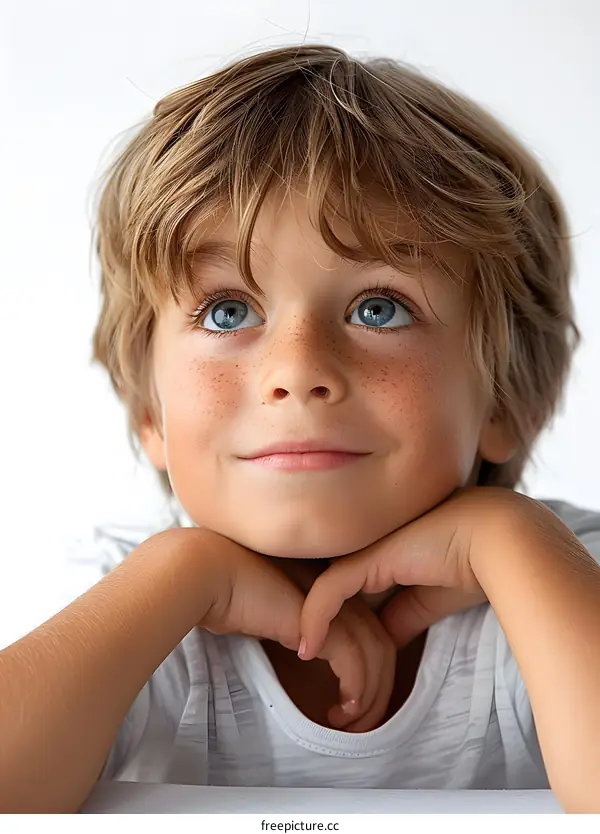Portrait of a boy with freckles and blue eyes