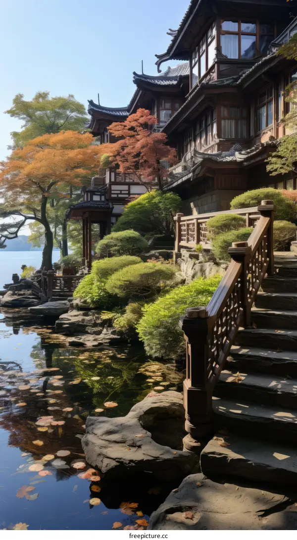 Chinese traditional courtyard house near lake with autumn trees