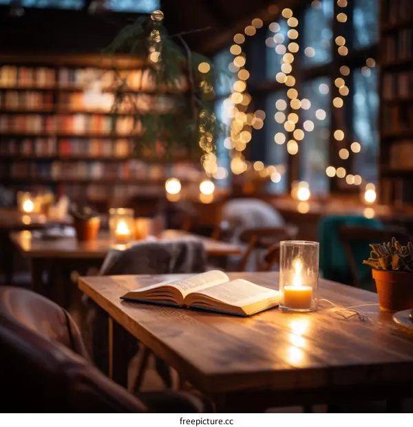 cozy library with candles and books