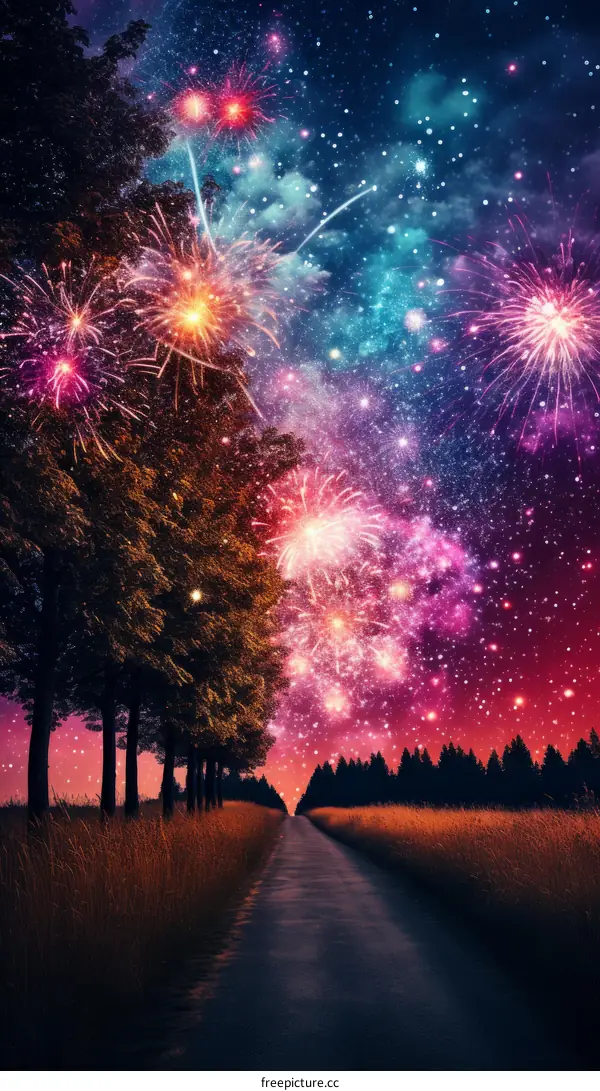 Fireworks light up the night sky over a rural road