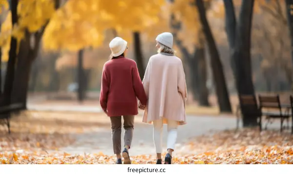 Two elderly female friends walking in the autumn park