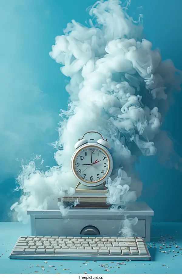 An alarm clock is sitting on a computer keyboard covered in smoke