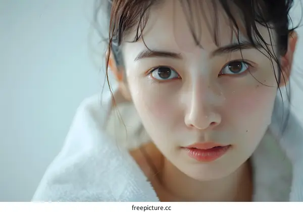 A young woman with wet hair and a white towel around her neck looks at the camera.