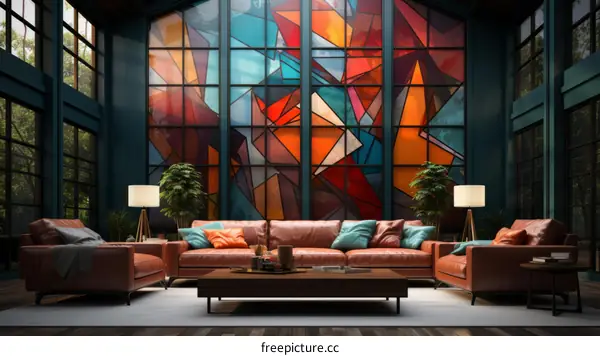 Modern living room interior with large stained glass window