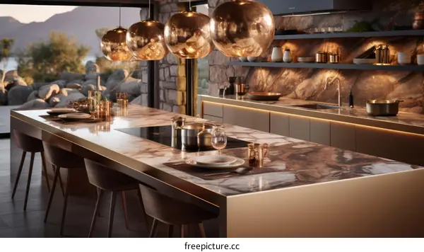 Modern kitchen interior with large island and copper pendant lights