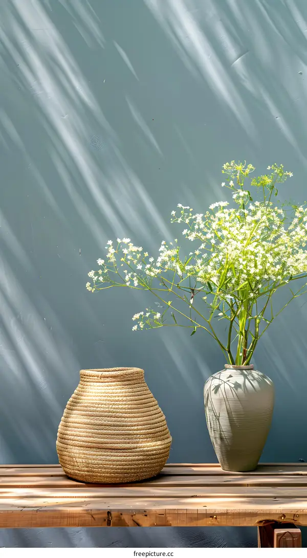 White Flowers in a Vase and a Rattan Basket on a Wooden Bench