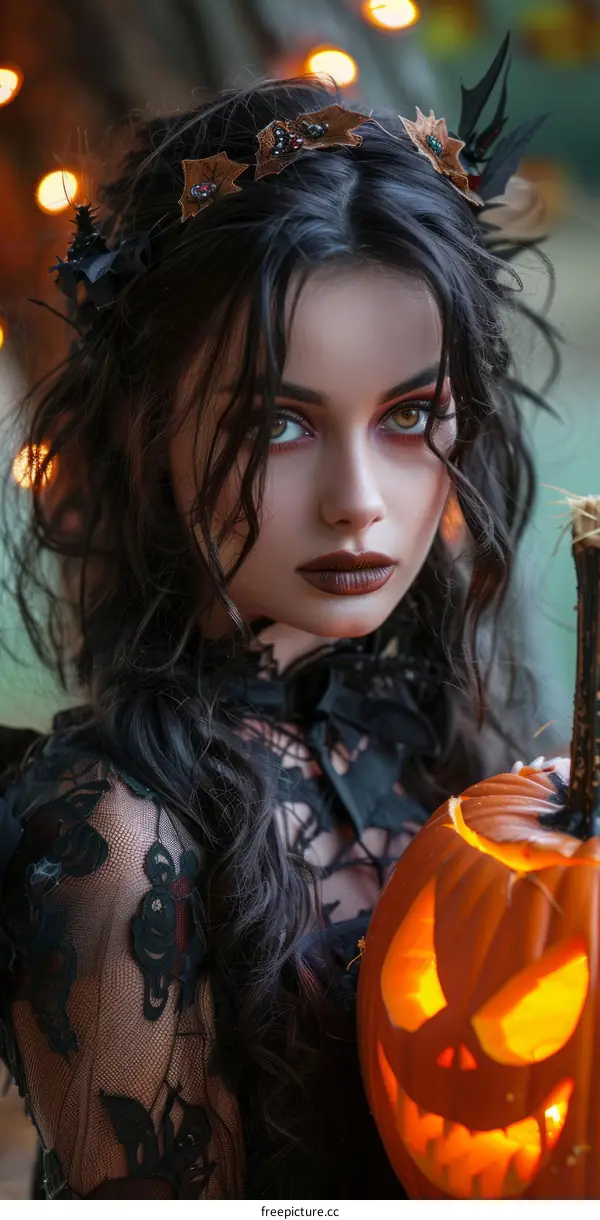 Bewitching Gothic Girl with Pumpkin
