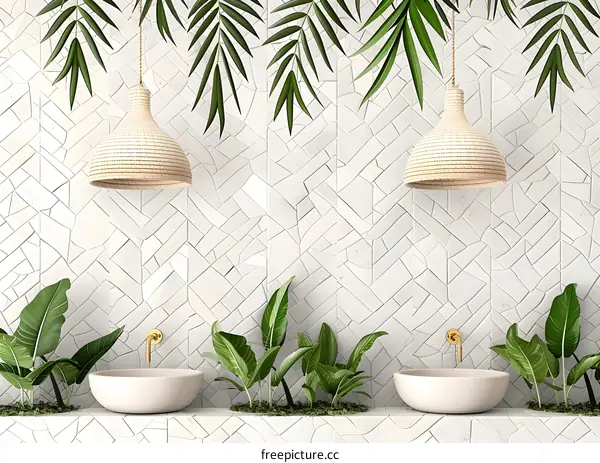 White Tile Bathroom Design With Green Plants And Wicker Lights