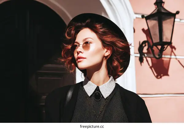 Elegant woman with curly red hair wearing black hat and coat standing outdoors