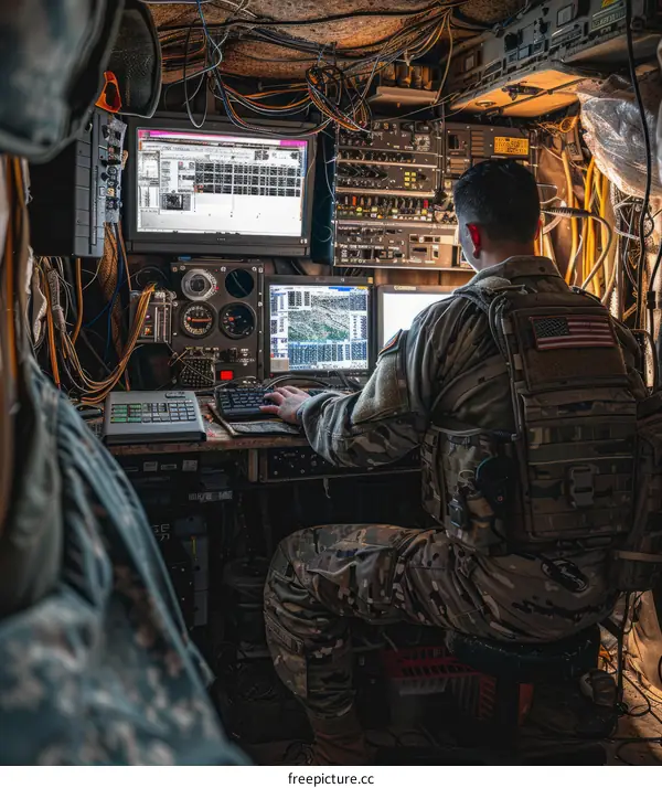 Soldier working on a computer in a military operations center