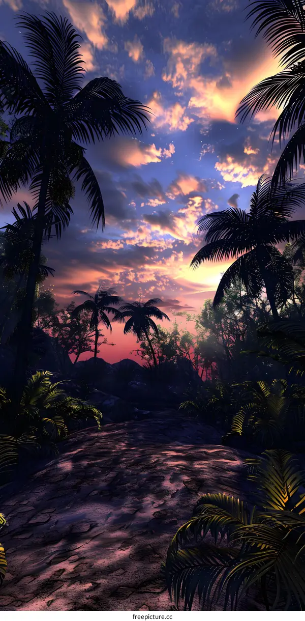 Tropical Sunset Landscape With Palm Trees