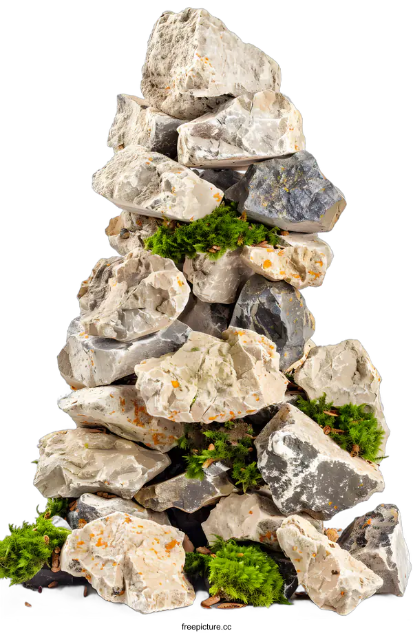 [Transparent Background PNG]Stack of Stones with Moss Isolated on White Background