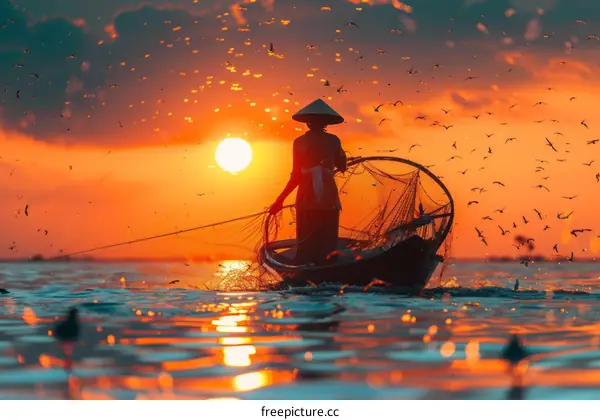 Fisherman in a boat at sunset with a net and birds flying overhead