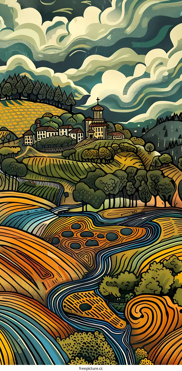 Illustration of a Landscape with a River and a Church