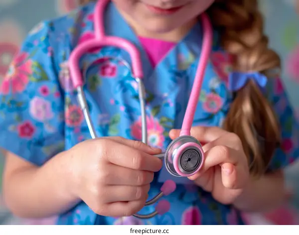 Little Girl in Scrubs with Pink Stethoscope