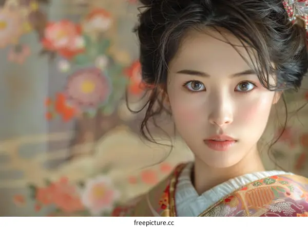 Portrait of a beautiful Asian woman in traditional Japanese kimono