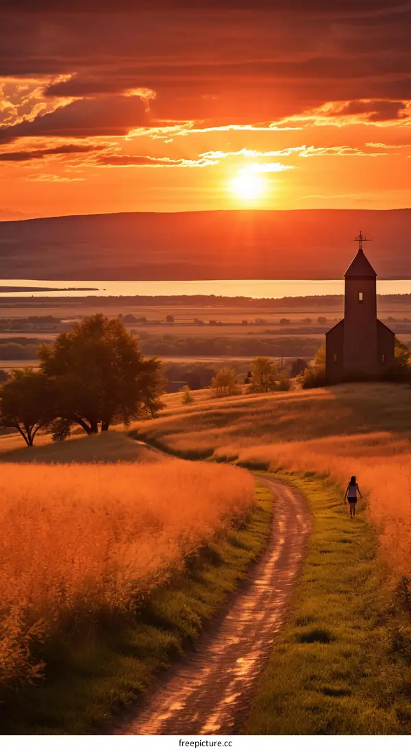 Lonely Woman Walking Towards Church During Sunset