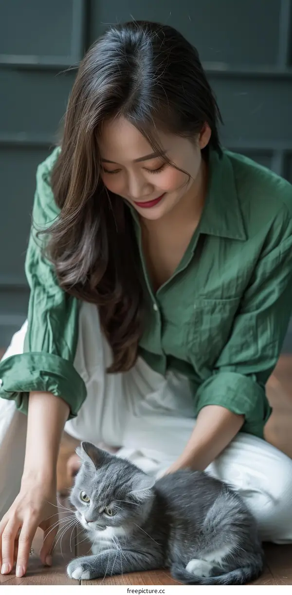 A young woman is petting a gray cat on the floor