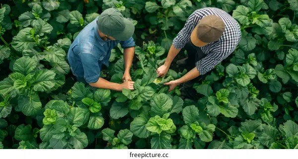 Two farmers are inspecting their mint crop and discussing the harvest