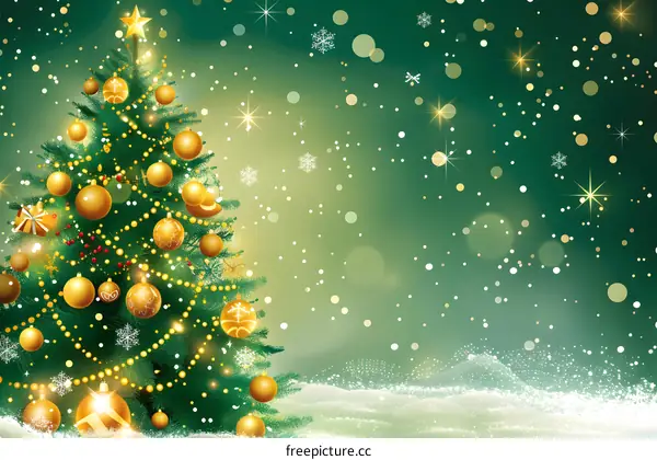 Christmas tree with golden ornaments and a green background